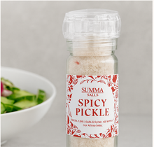 Load image into Gallery viewer, Spicy Pickle Salt in refillable glass grinder on white background
